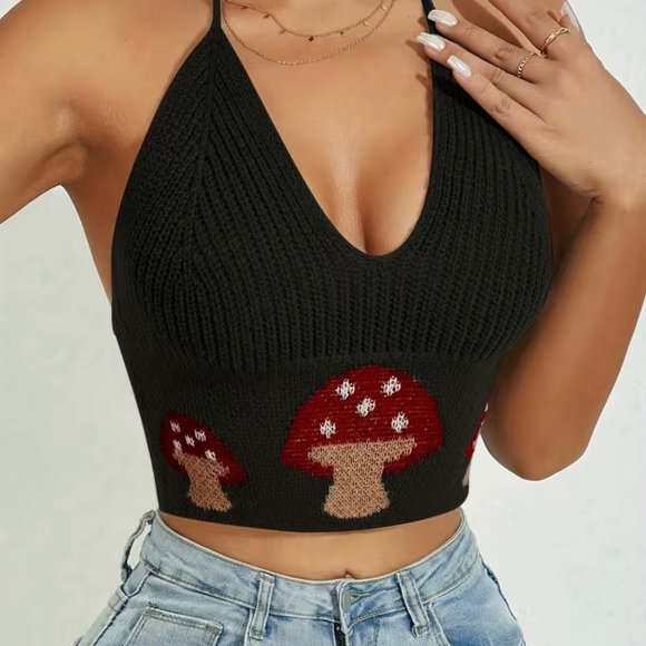 Womens Halter Crop Top Knit Large L Black Red Stretch Backless Mushroom Logo - Picture 2 of 16